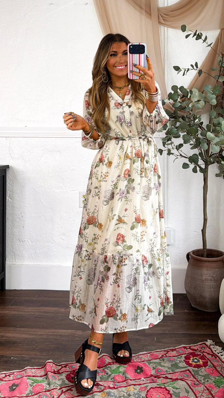 Button Front Midi Dress, Ivory/Rosewood