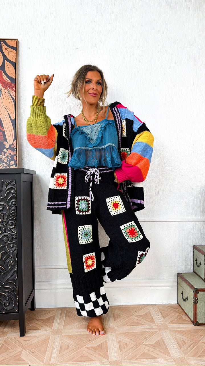 Sophie Color Block Granny Squares Cardigan, Jet Black Multi