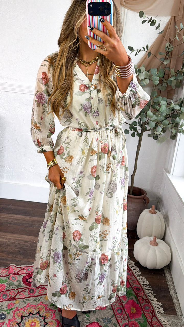 Button Front Midi Dress, Ivory/Rosewood