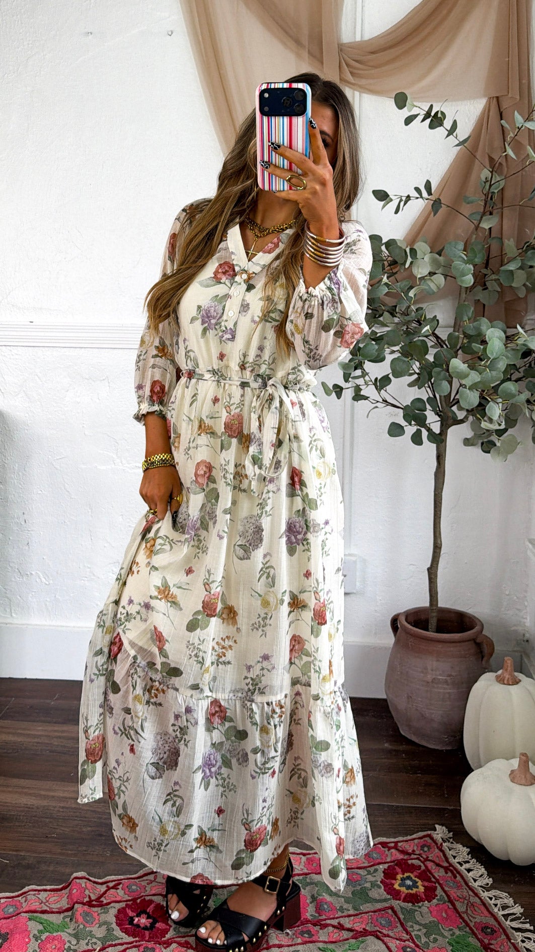 Button Front Midi Dress, Ivory/Rosewood
