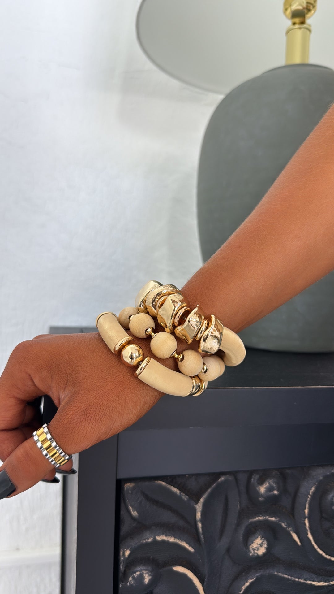 Drexen Wooden Bracelet Stack, Natural/Gold