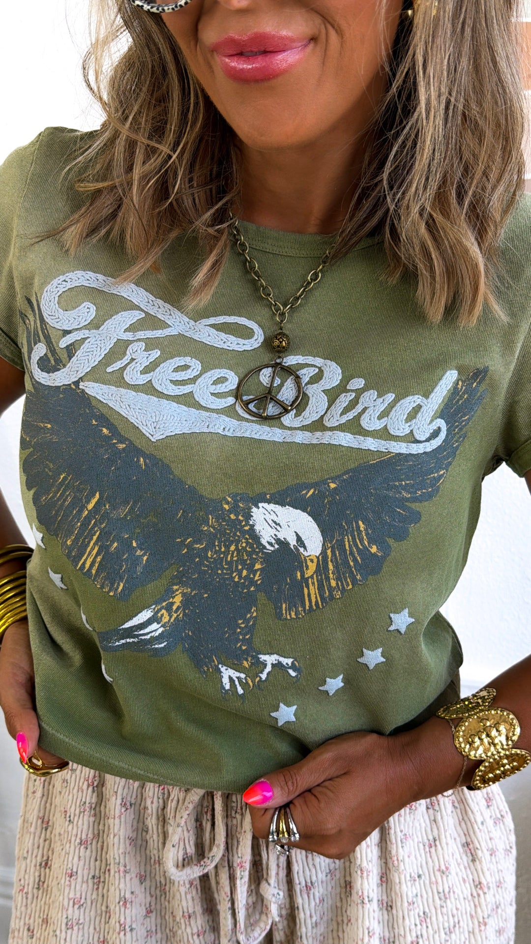 Boho Freebird Graphic Tee, Washed Olive