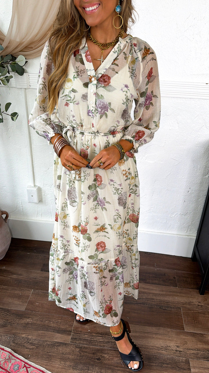 Button Front Midi Dress, Ivory/Rosewood