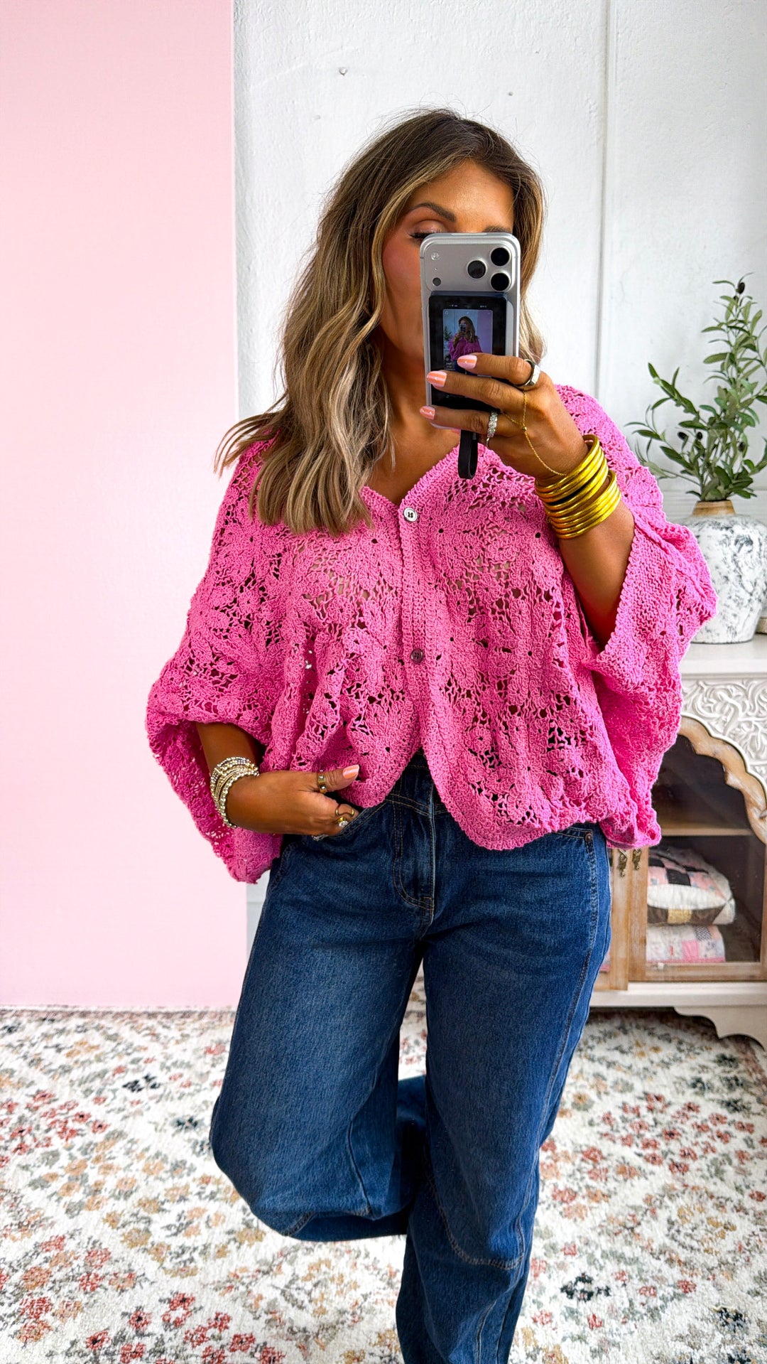 Black Bird Crochet Top, Bubble Gum