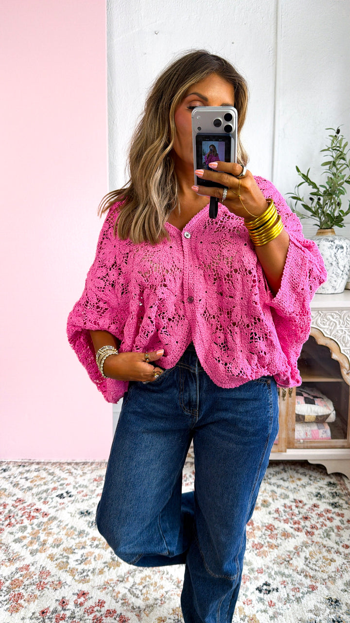 Black Bird Crochet Top, Bubble Gum