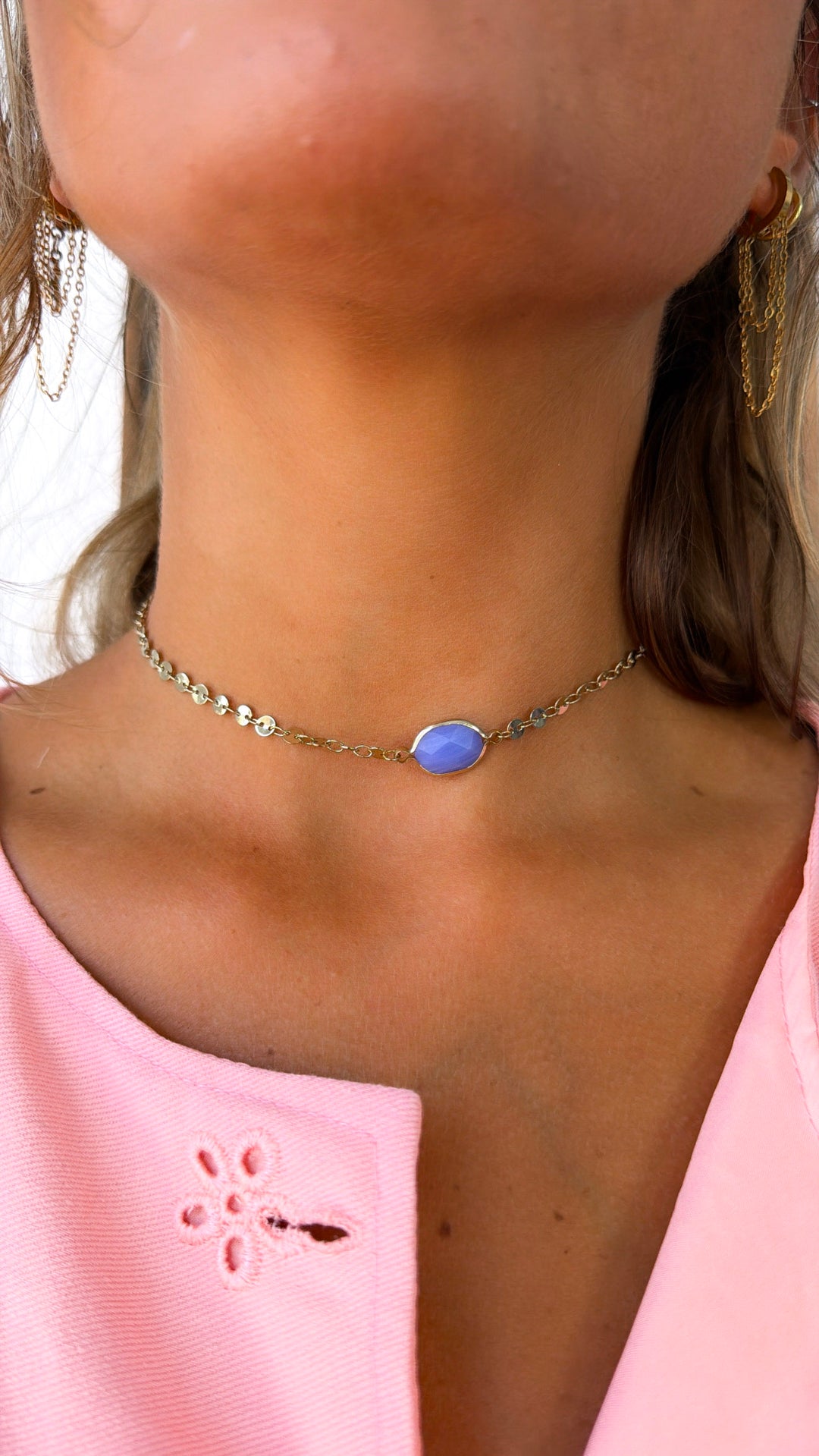 Gem Stone Choker Necklace, Gold/ Blue