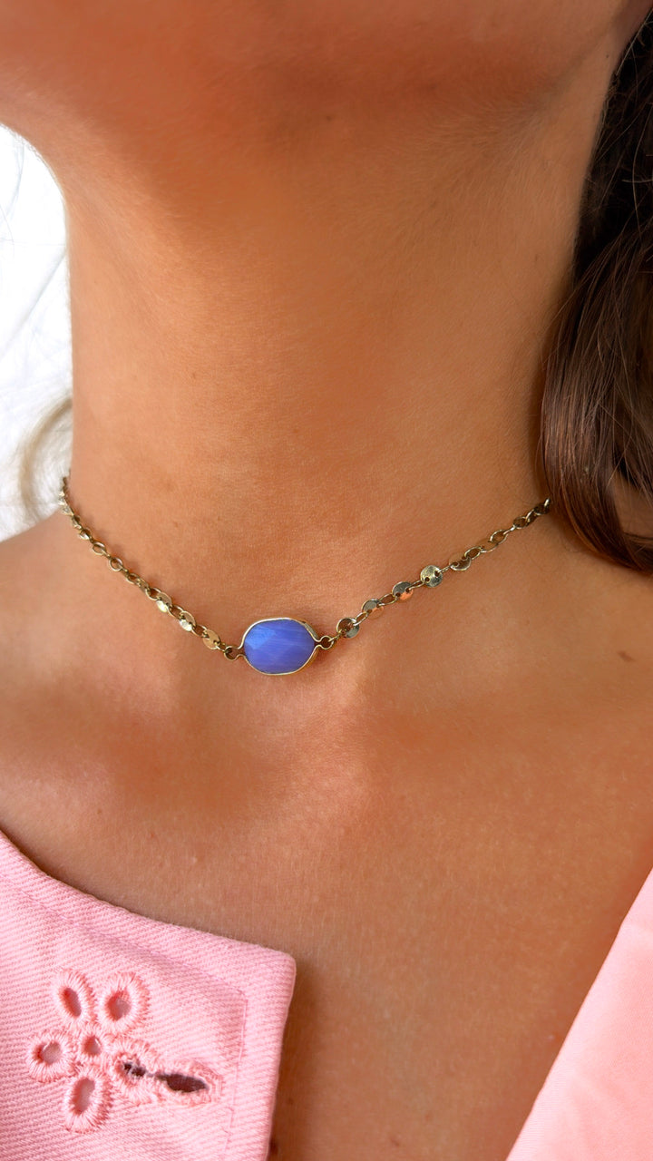 Gem Stone Choker Necklace, Gold/ Blue