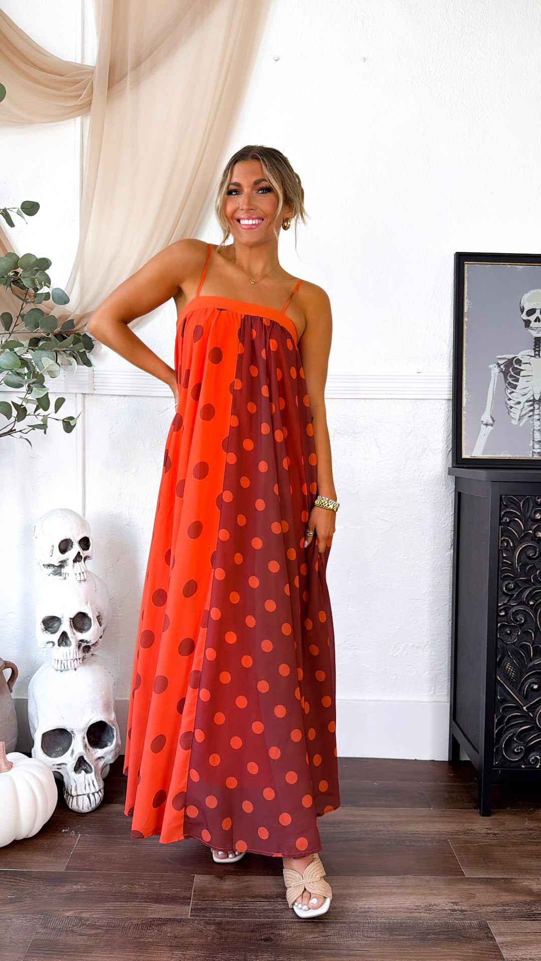 Polka Dot Color-Block Maxi Dress, Terracotta/Orange