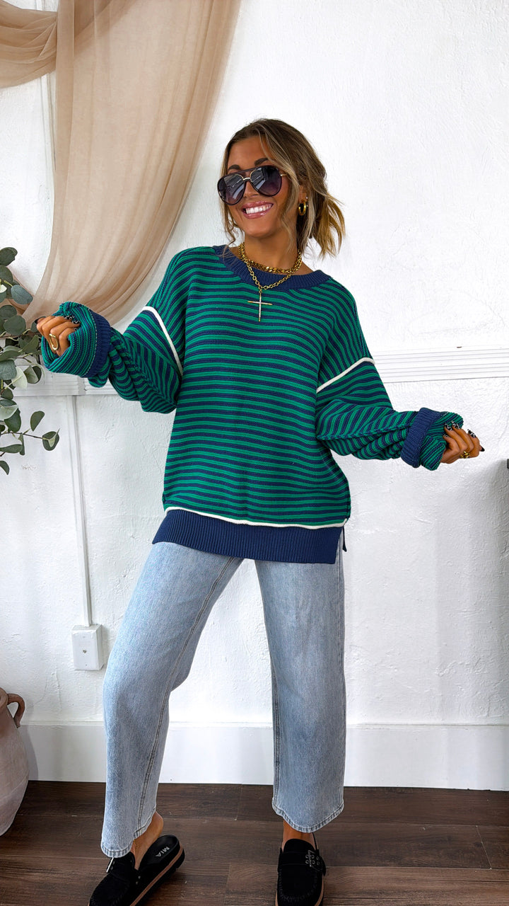 Retro Stripe Sweater, Green Combo
