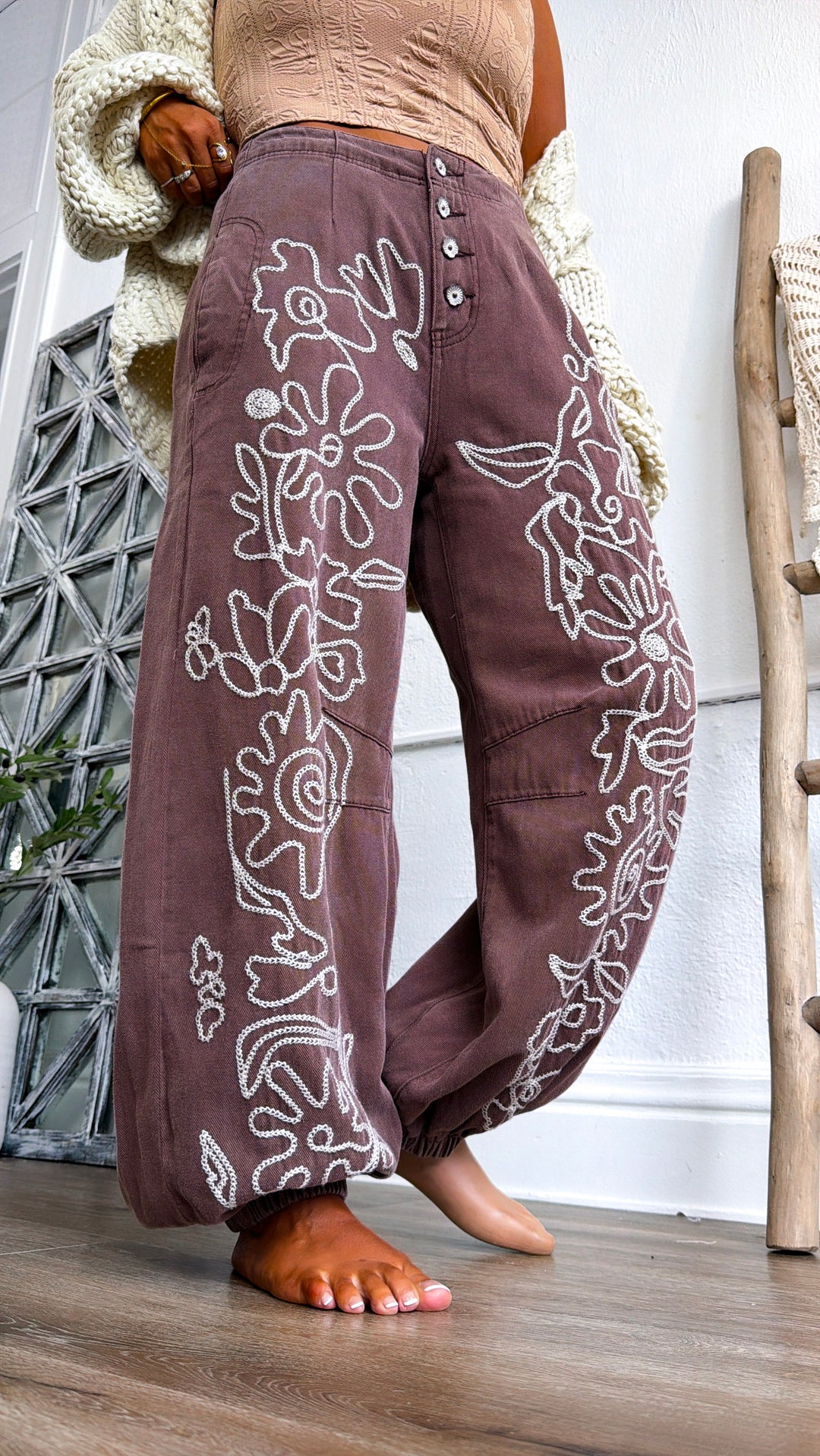 For The Love Of Floral Embroidered Denim Jogger, Mocha