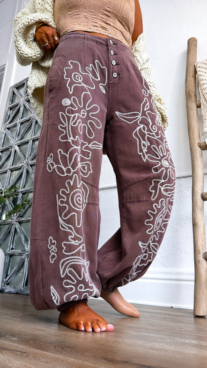 For The Love Of Floral Embroidered Denim Jogger, Mocha