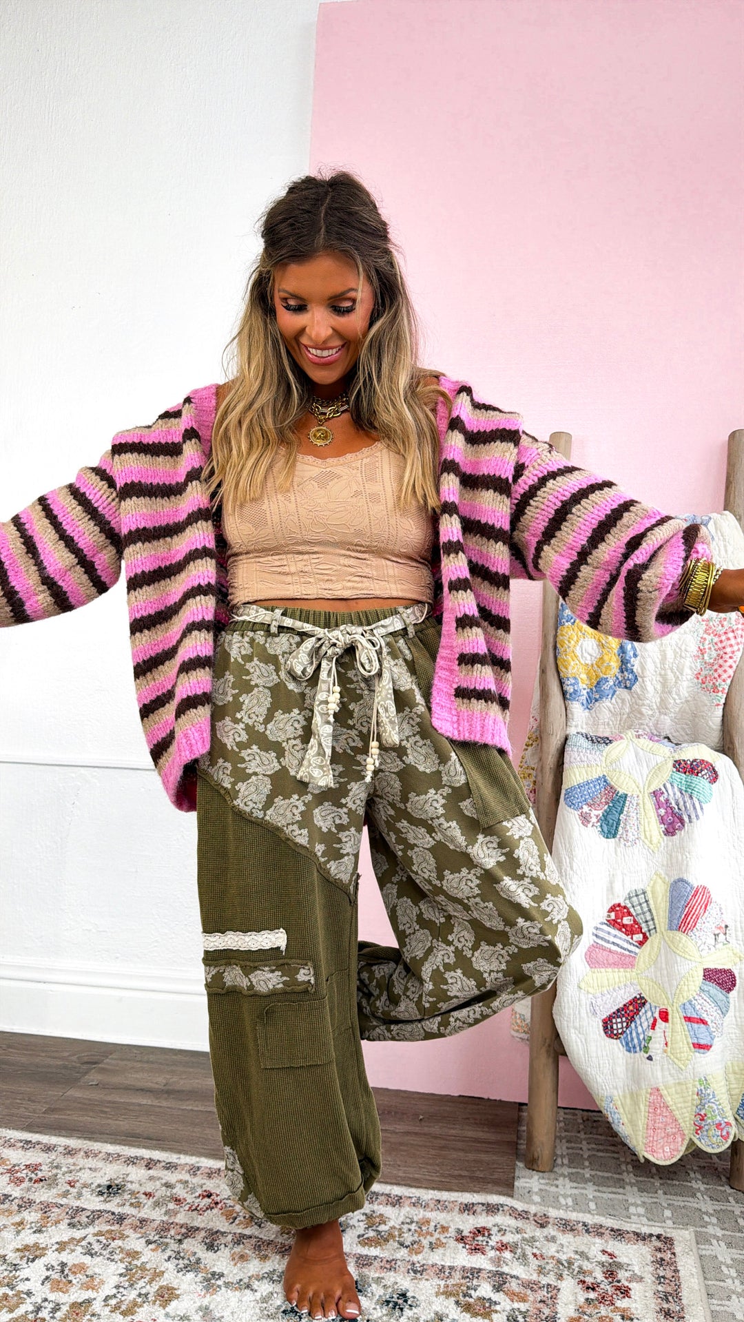 Bright Knit Cardigan, Choco/Pink/Taupe