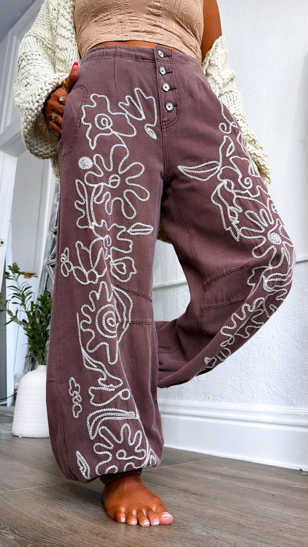 For The Love Of Floral Embroidered Denim Jogger, Mocha