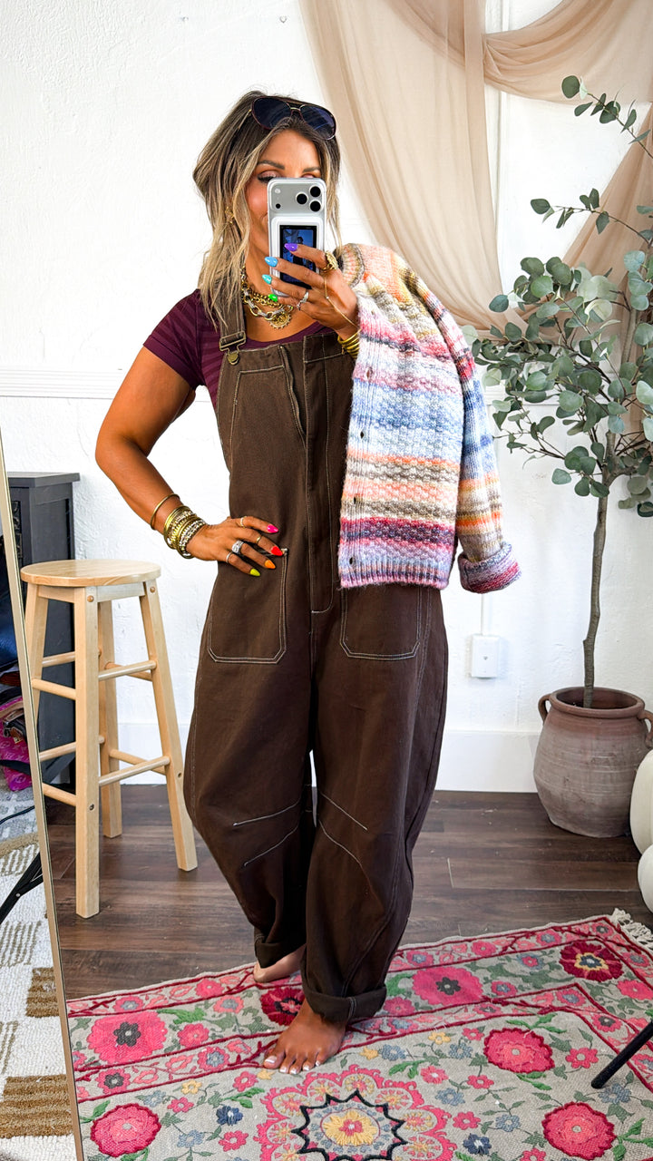 Open Fields Denim Overalls, Mocha Brown