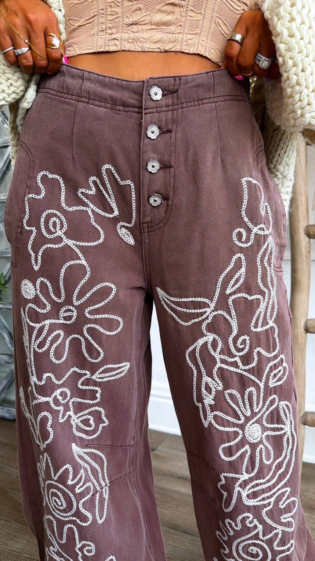 For The Love Of Floral Embroidered Denim Jogger, Mocha