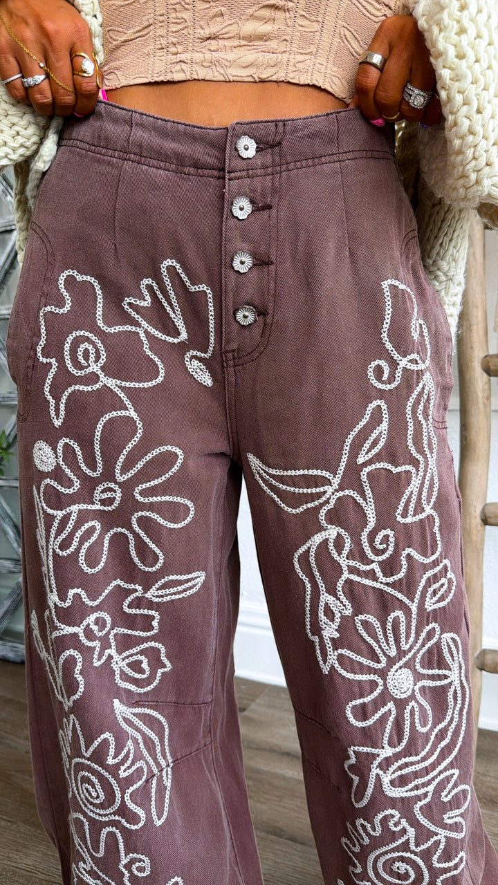 For The Love Of Floral Embroidered Denim Jogger, Mocha