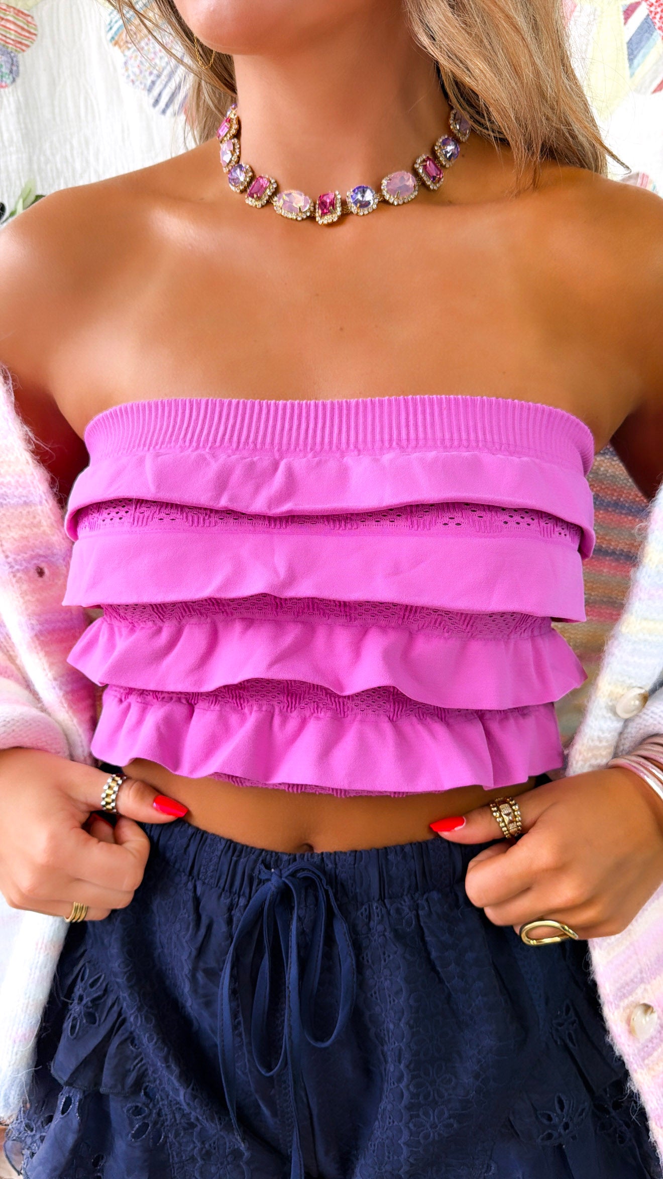 rurumu: ルルムウ/overlapping ruffles topsピンク Layered Ruffled Tube Top, Crocus Pink – Everyday Chic Boutique