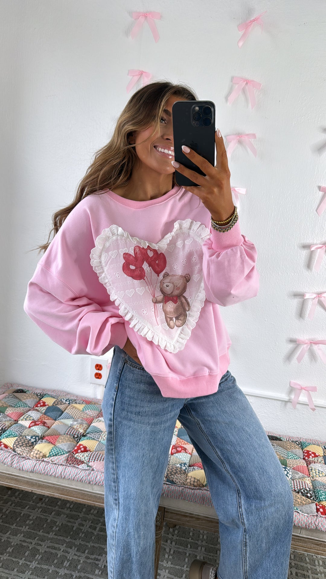 Valentines Bear Patched Sweatshirt, Pink