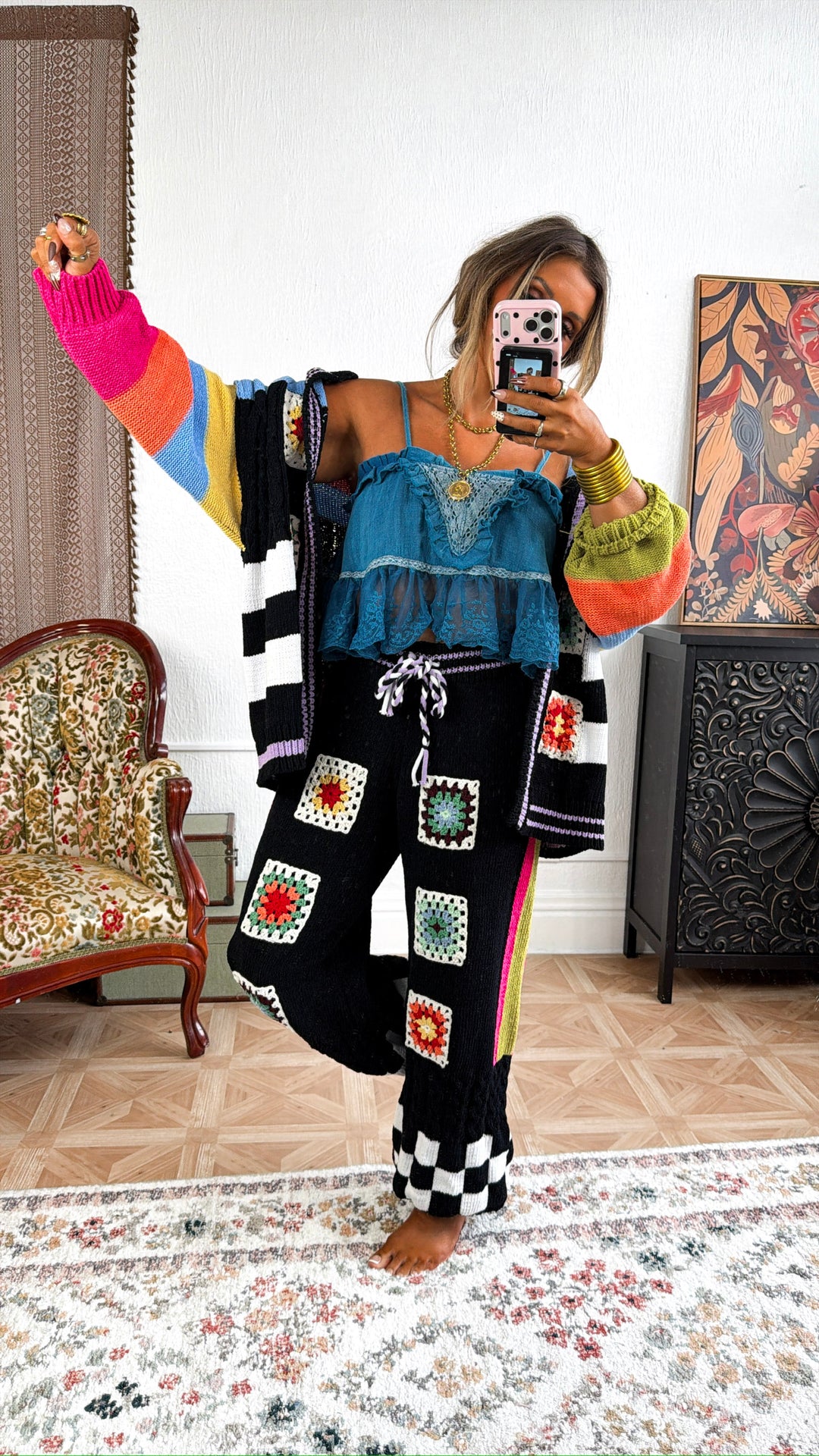 Sophie Color Block Granny Squares Cardigan, Jet Black Multi