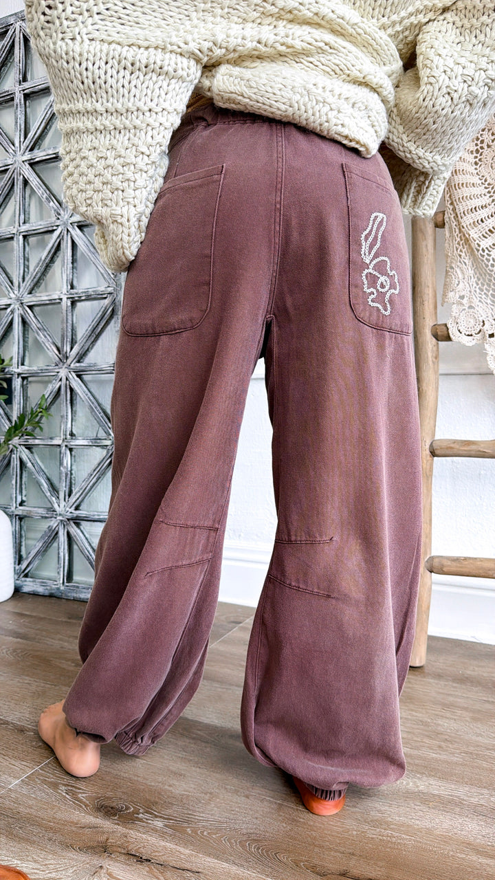 For The Love Of Floral Embroidered Denim Jogger, Mocha