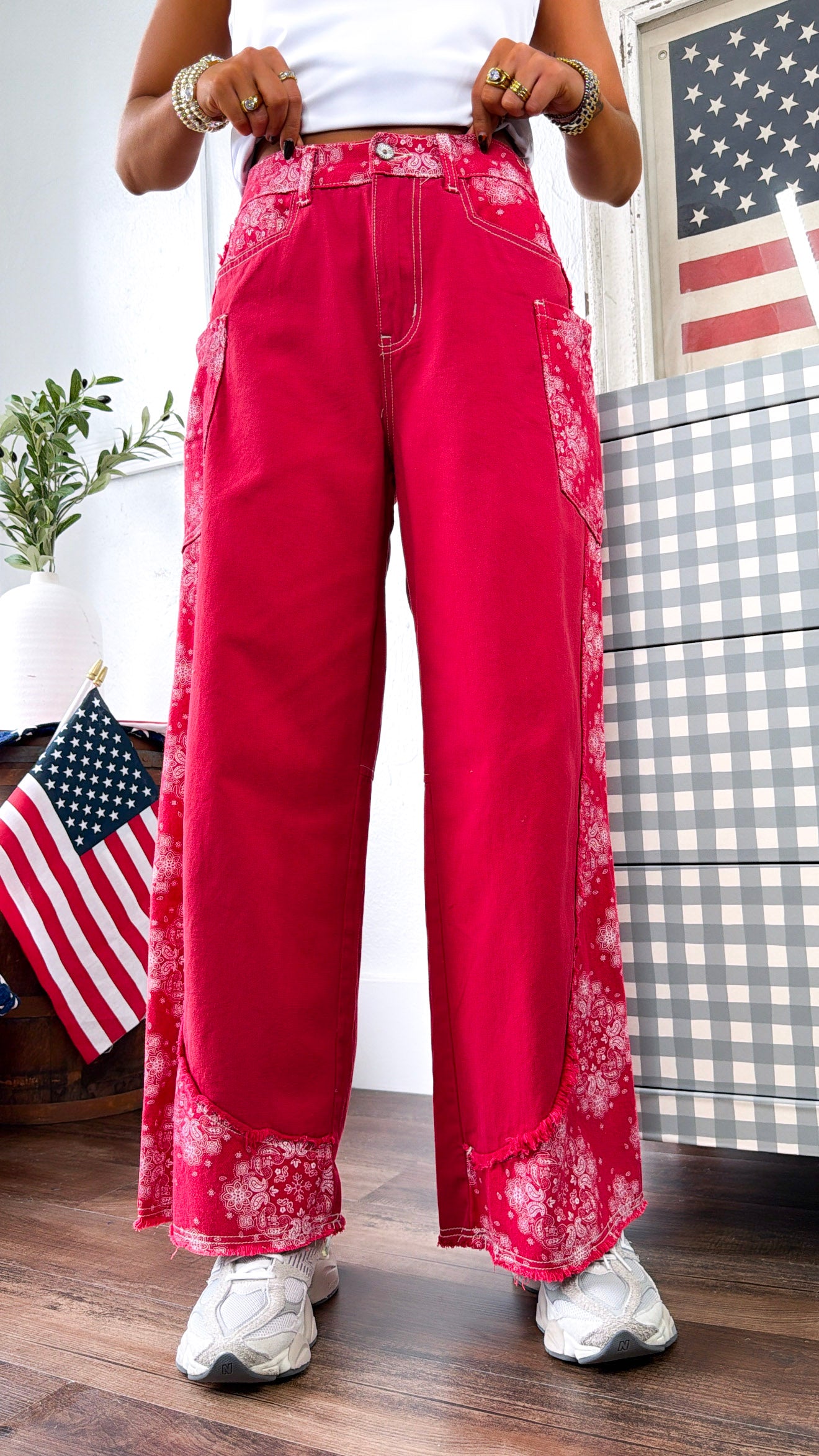 Relaxed Paisley Patch Pants, Red Multi – Everyday Chic Boutique