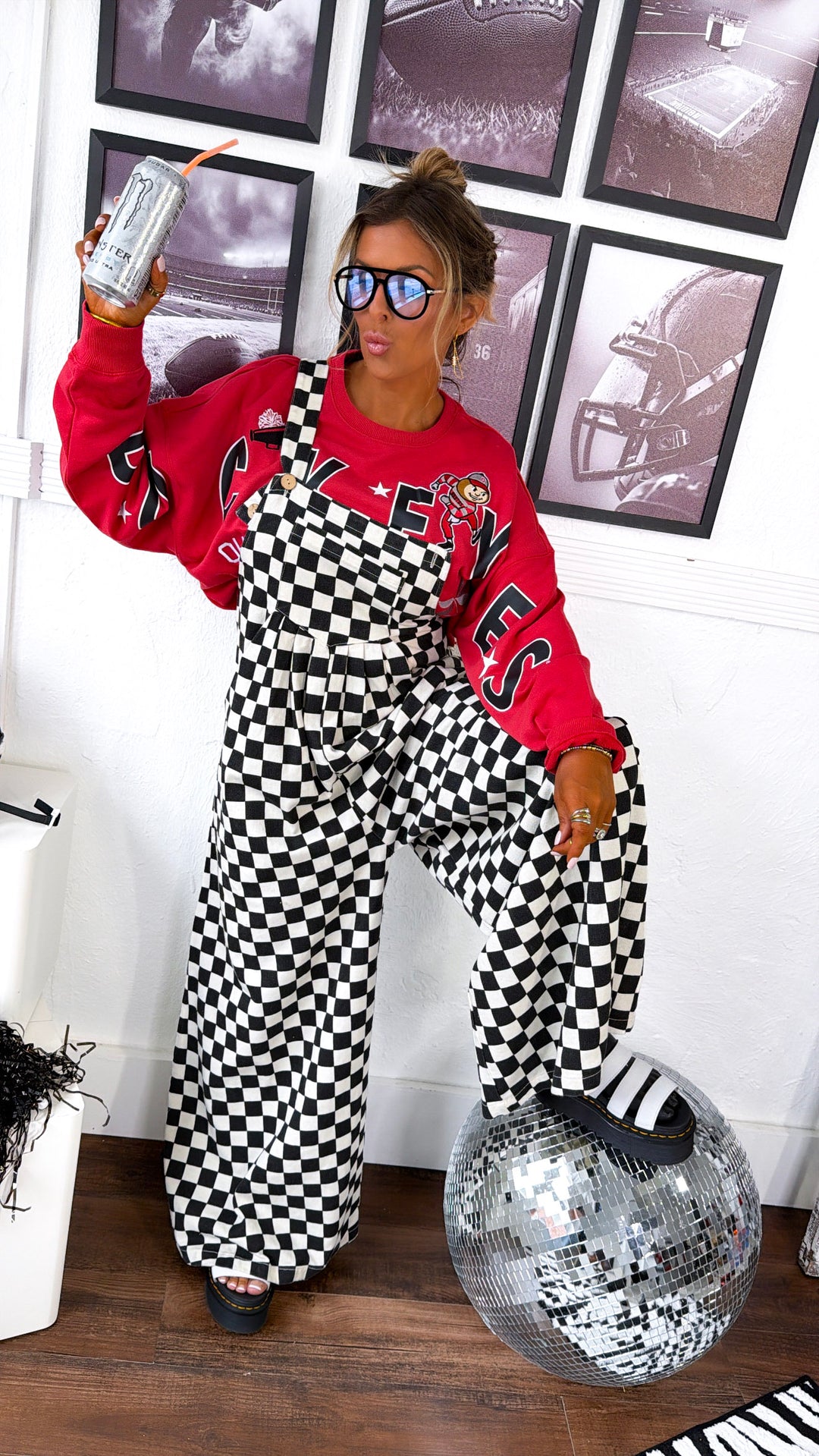 Checkered Denim Overall, Black/White