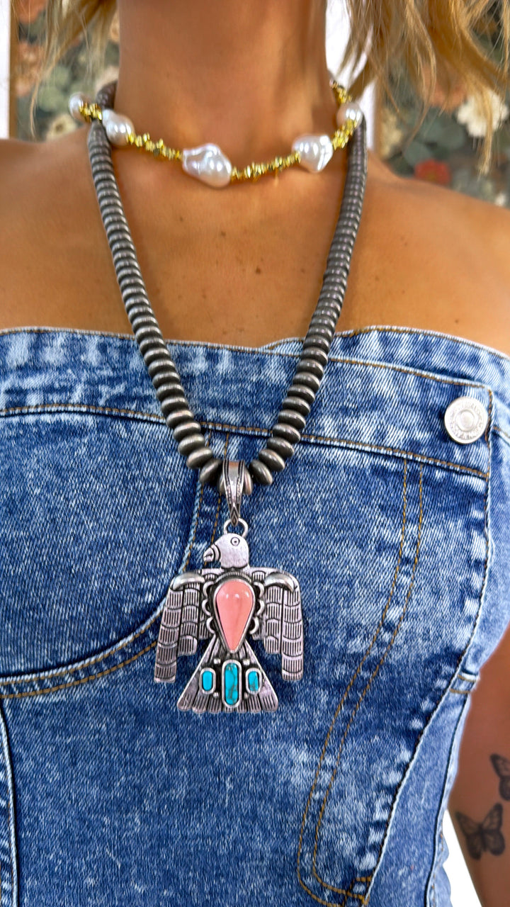 Eagle Pendant Beaded Necklace, Lt.Pink