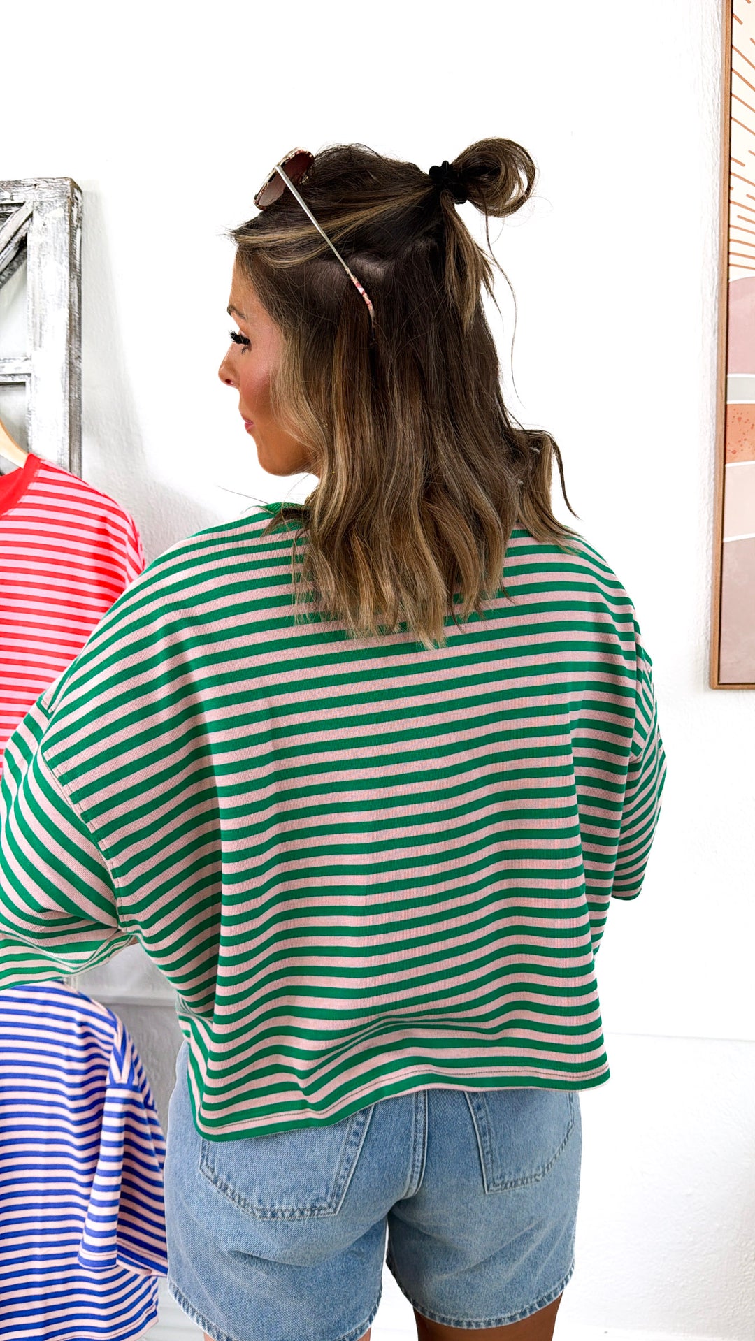 Clean Line Stripe Top, Green/Lt.Pink