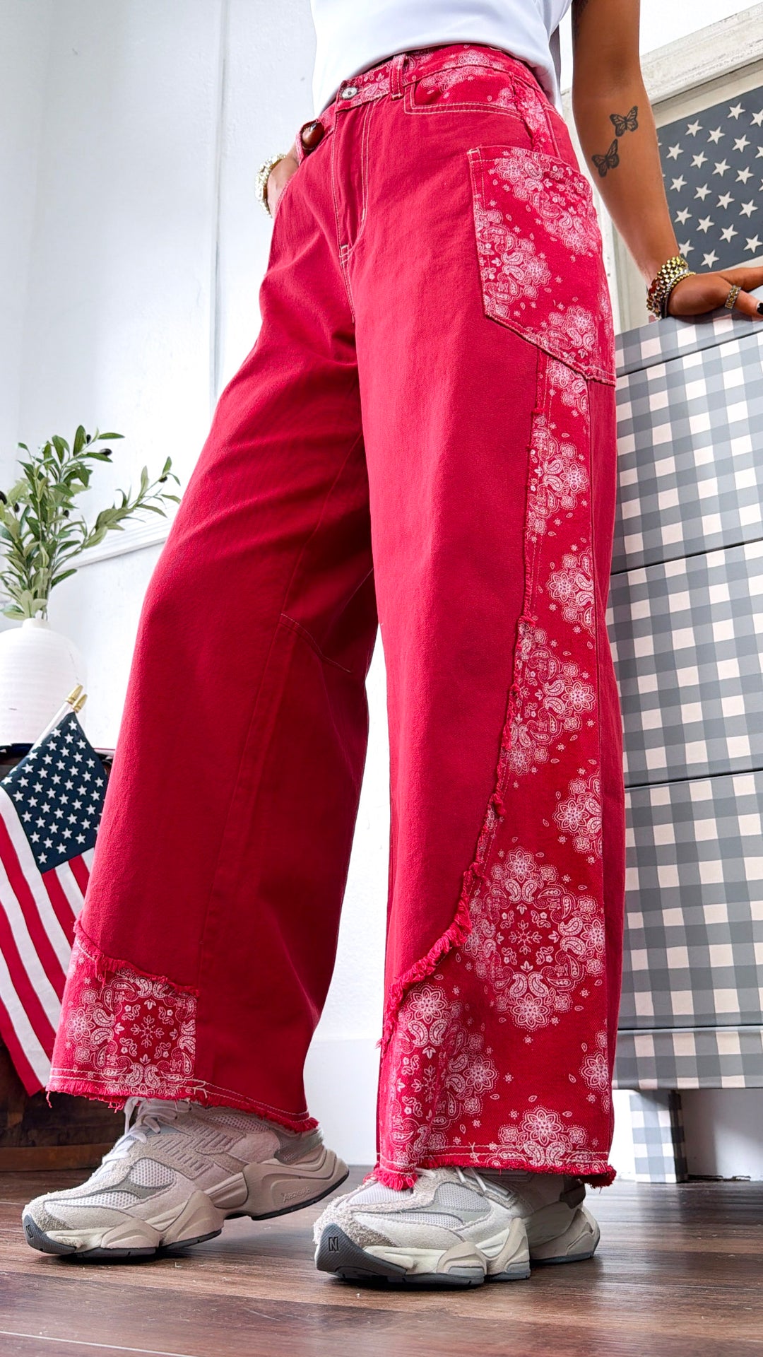 Relaxed Paisley Patch Pants, Red Multi