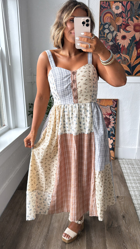 Patchwork Blooms Midi Dress, Ivory Large