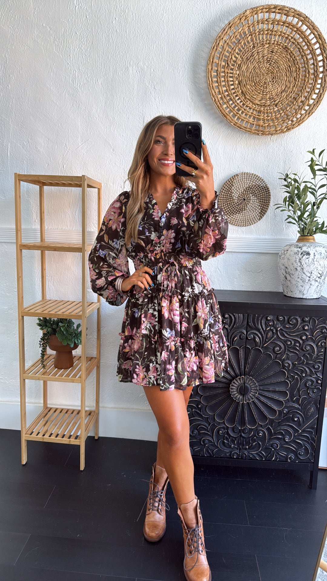 Midnight Flower Mini Dress, Chocolate Multi