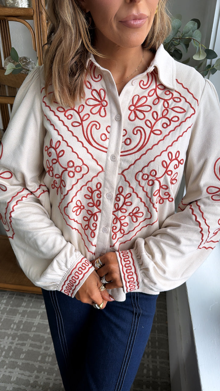 Prairie Bound Suede Button Up, Ecru/Rust