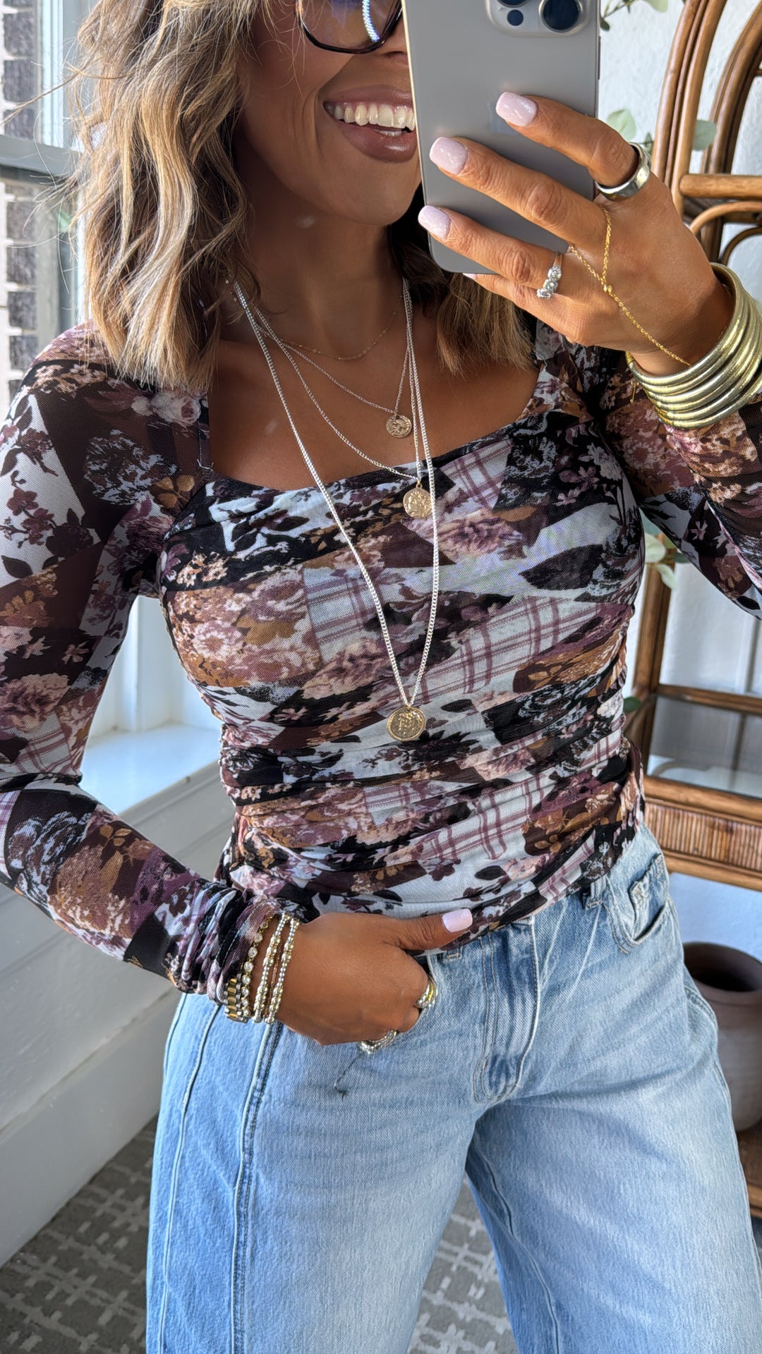 Faded Flora Mesh Top, Lt.Blue/Purple