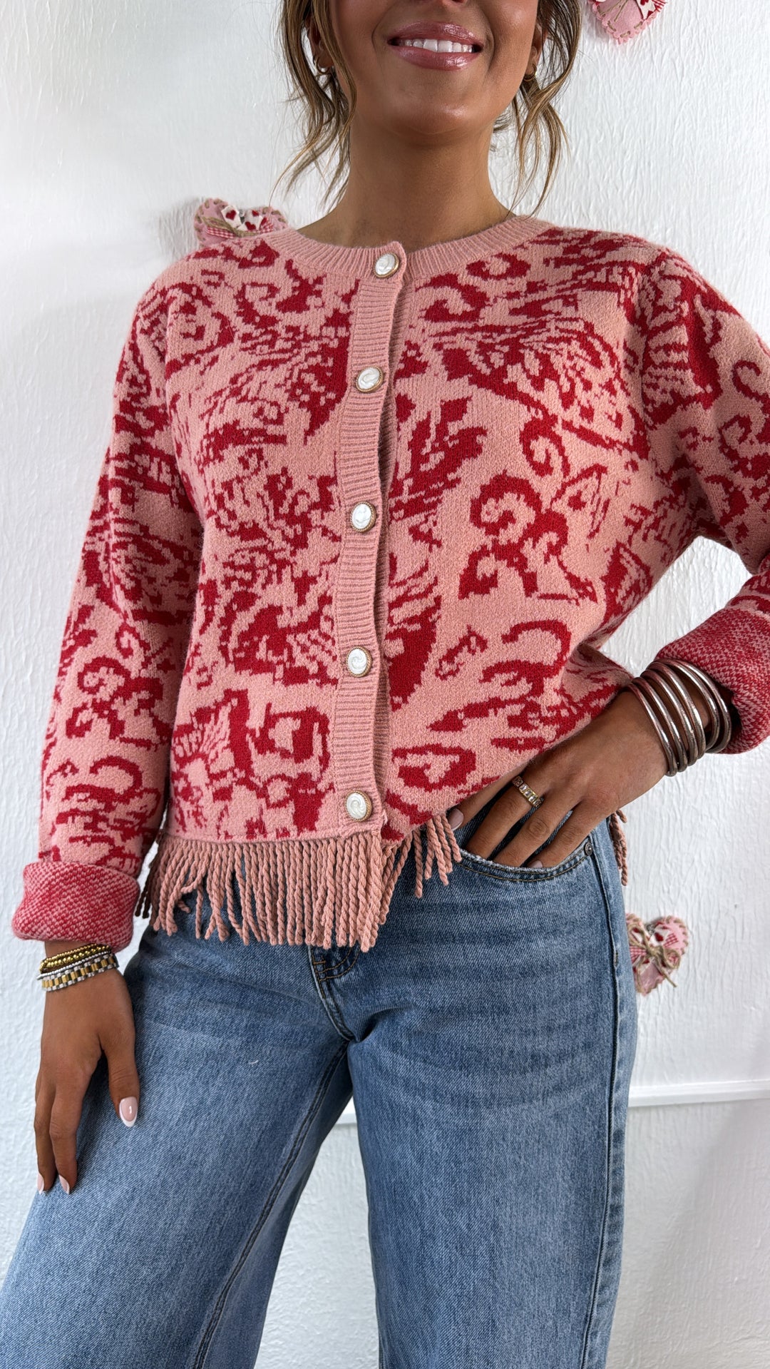 Antique Roseweave Cardigan, Coral Red