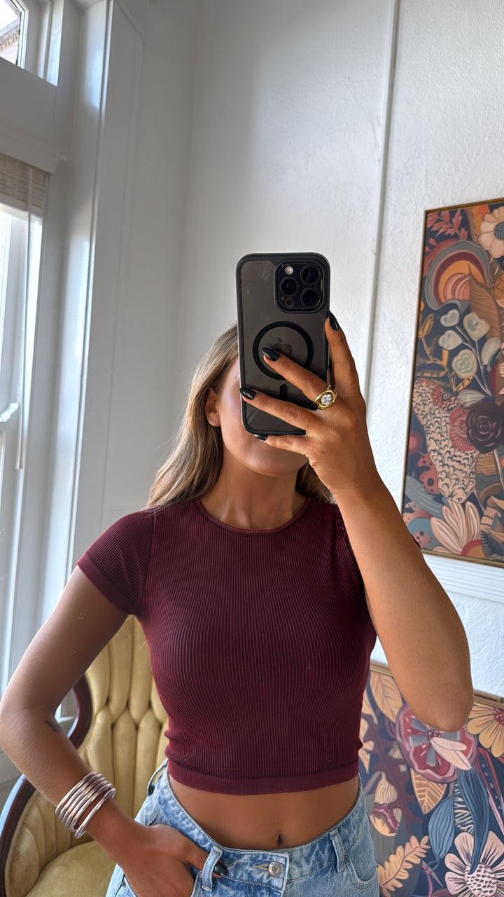 Ribbed Crop Baby Tee, Wine