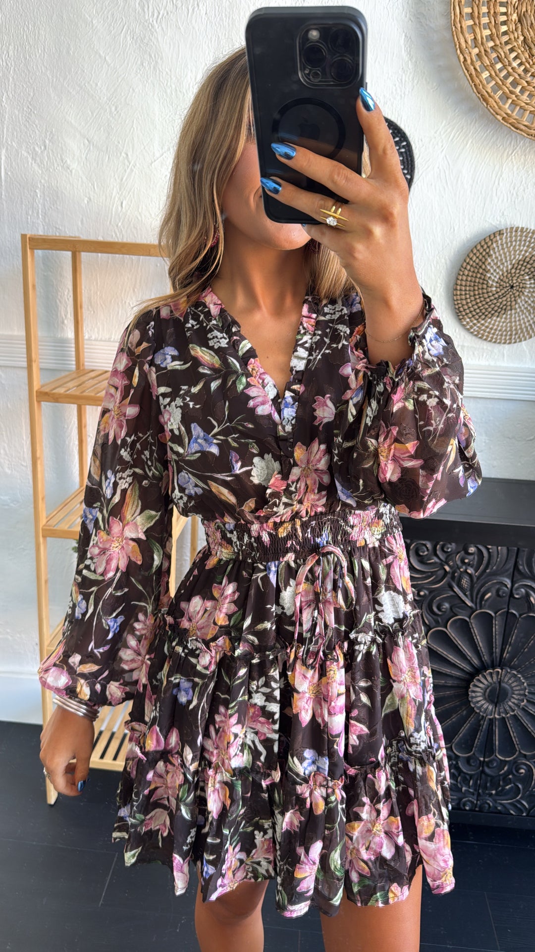 Midnight Flower Mini Dress, Chocolate Multi