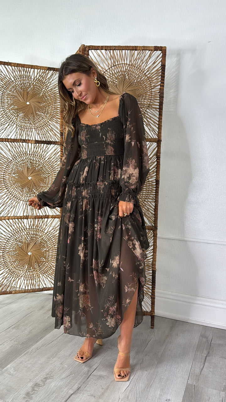 Dusty Bloom Midi Dress, Espresso