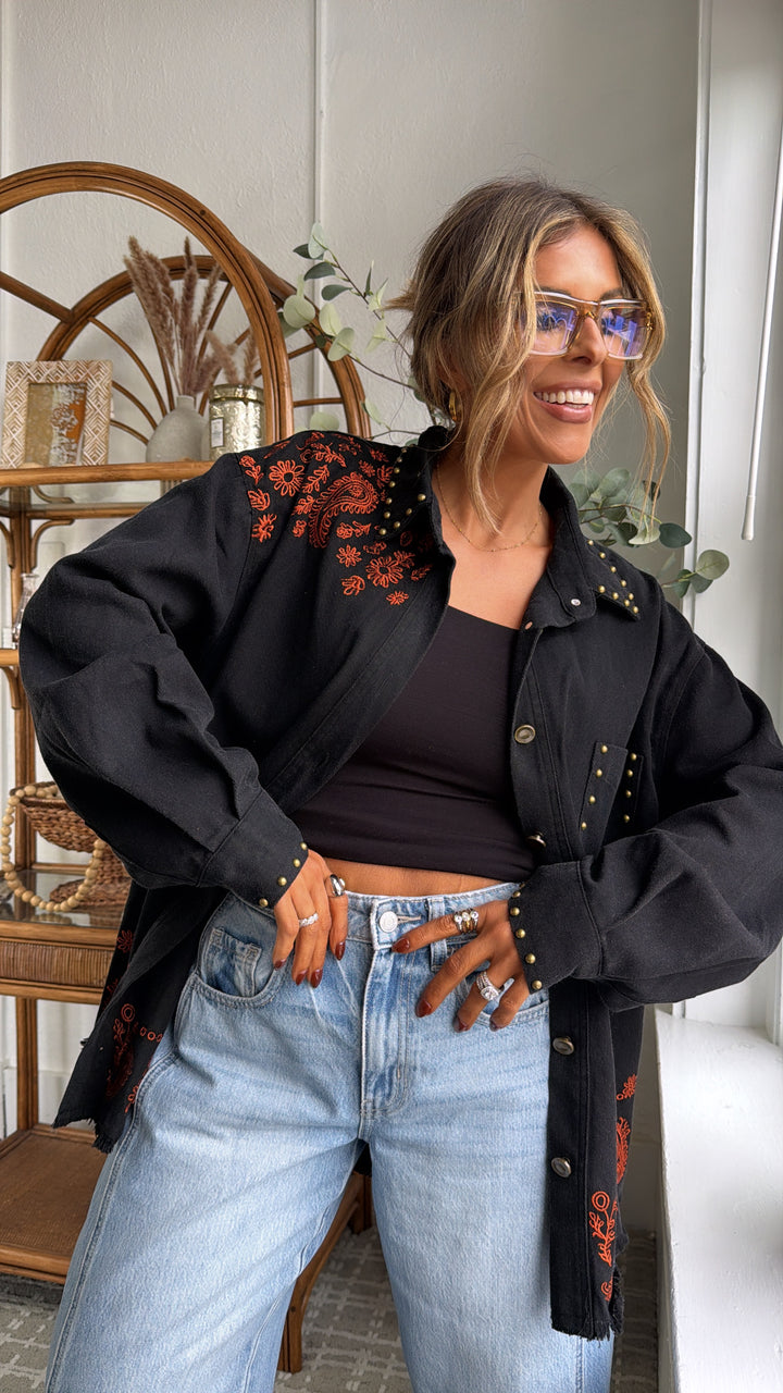 Bronco Bloom Button Up, Black Multi