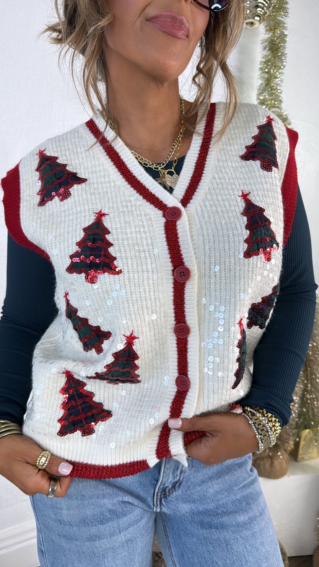 Checkered Cheer Plaid Sweater Vest, Ivory