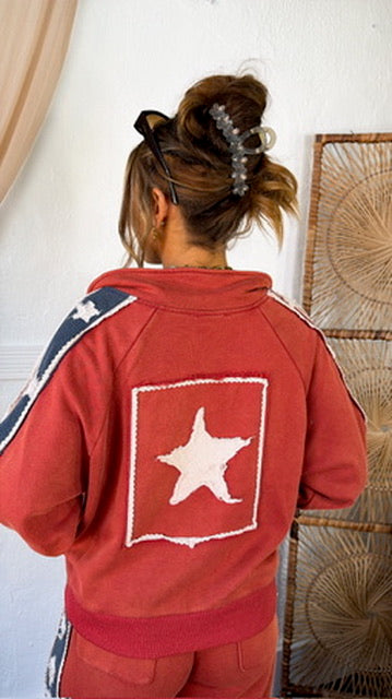 American Dream Patch Zip Up Jacket, Washed Red