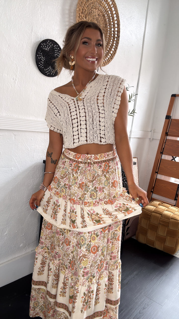 Garden Fields Maxi Skirt, Cream Multi