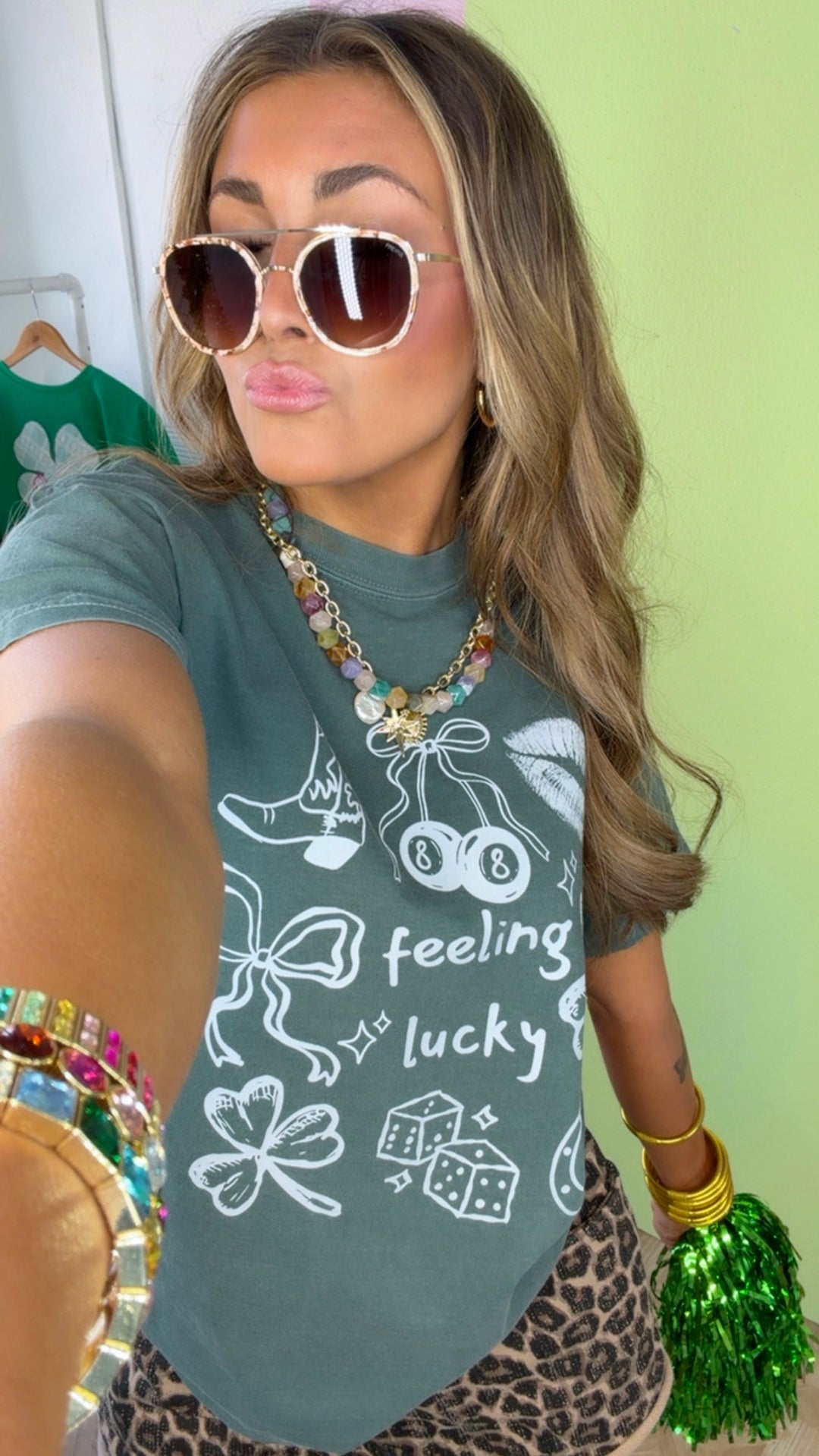 Feeling Lucky Patchwork Graphic Tee, Washed Green