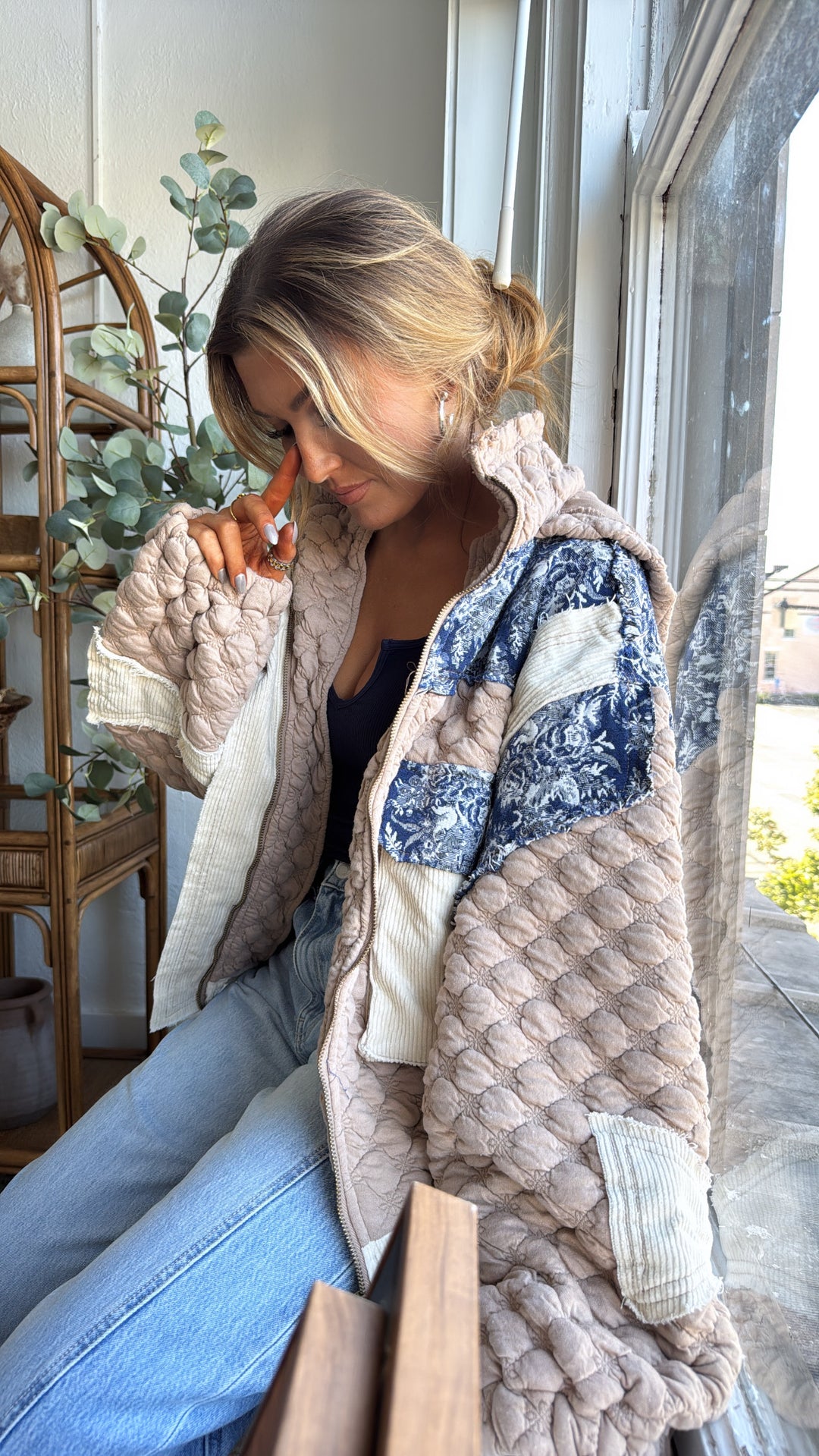 Now Trending Oversized Contrast Quilted Jacket, Tan/Denim Blue
