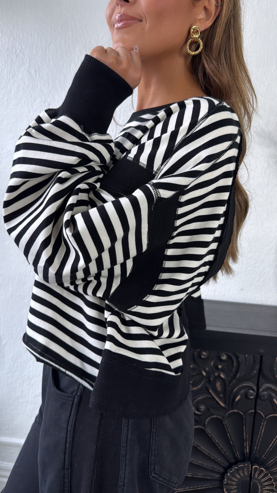 All About Balance Striped Top, Black/Ivory