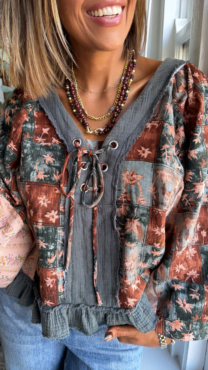 Petal Kiss Blouse, Charcoal Multi