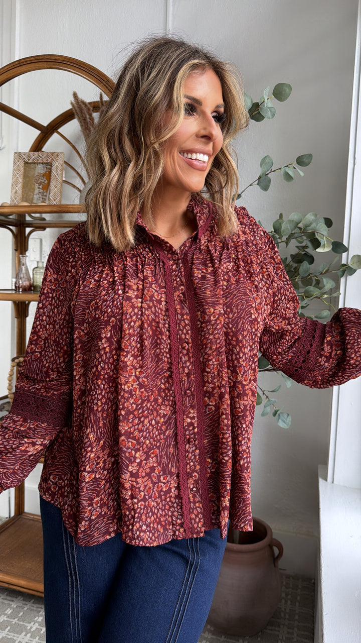 Evelora Floral Printed Blouse, Deep Burgundy