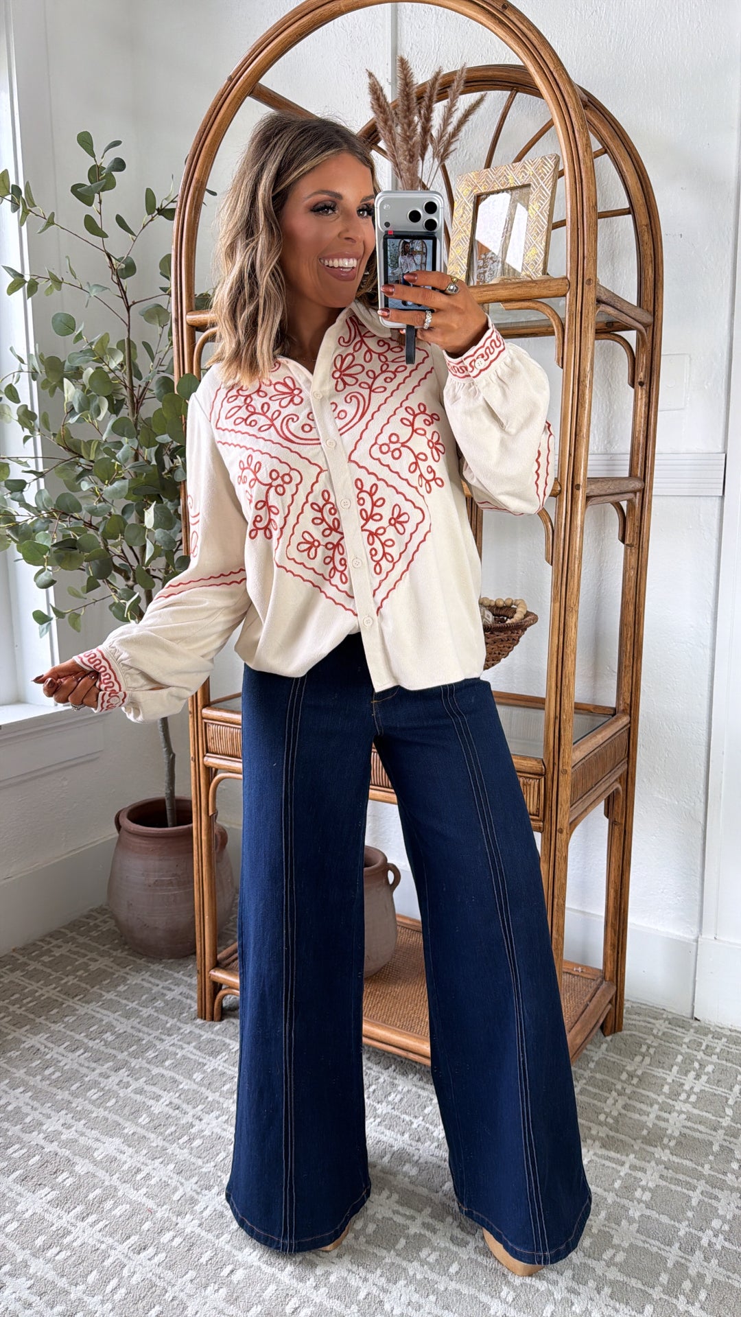 Prairie Bound Suede Button Up, Ecru/Rust