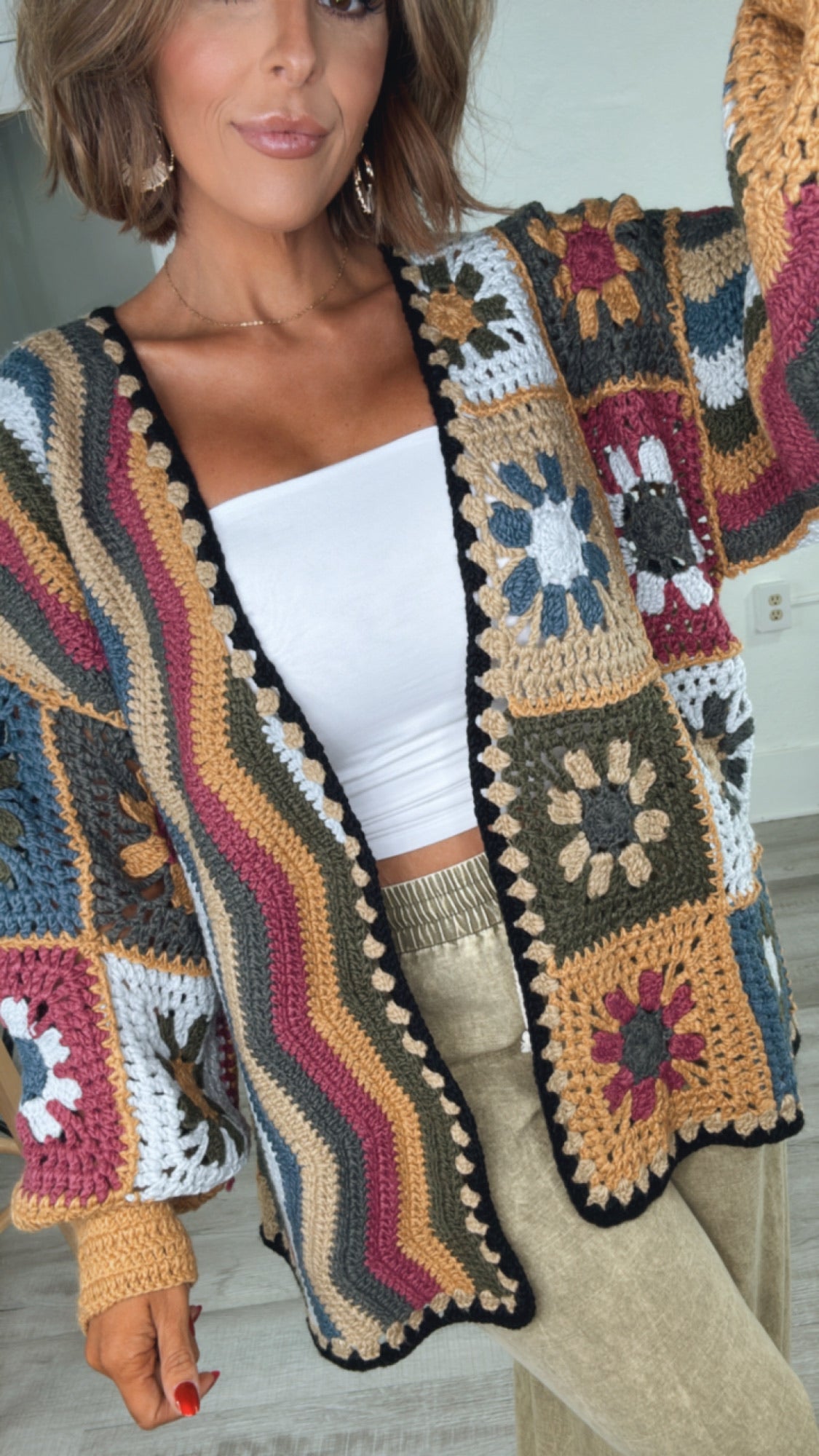 Hand Knit Square Patches Cardigan, Mustard & Olive – Everyday Chic