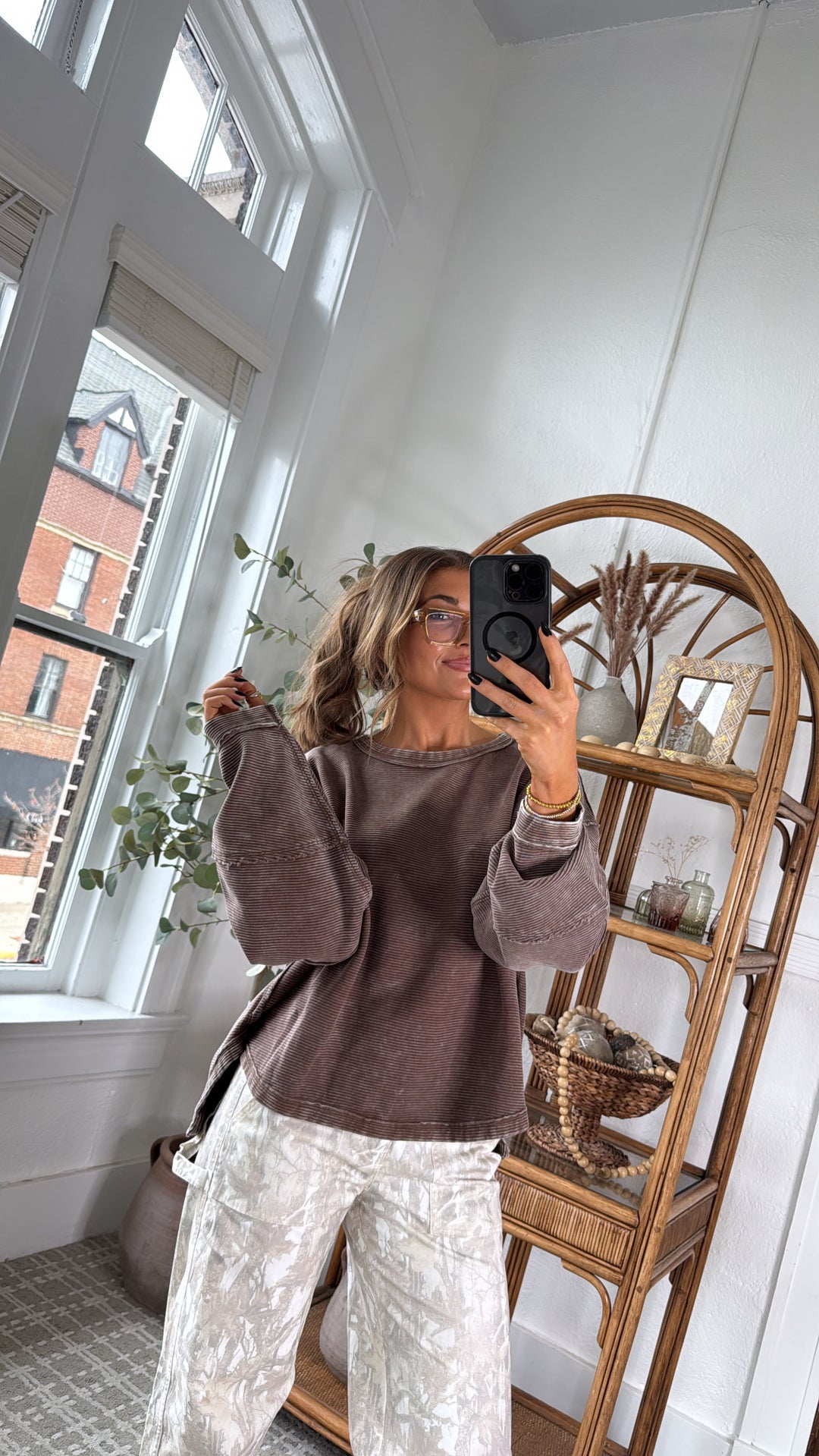 DOORBUSTER: Acid Washed Ribbed Cropped Pullover, Brown