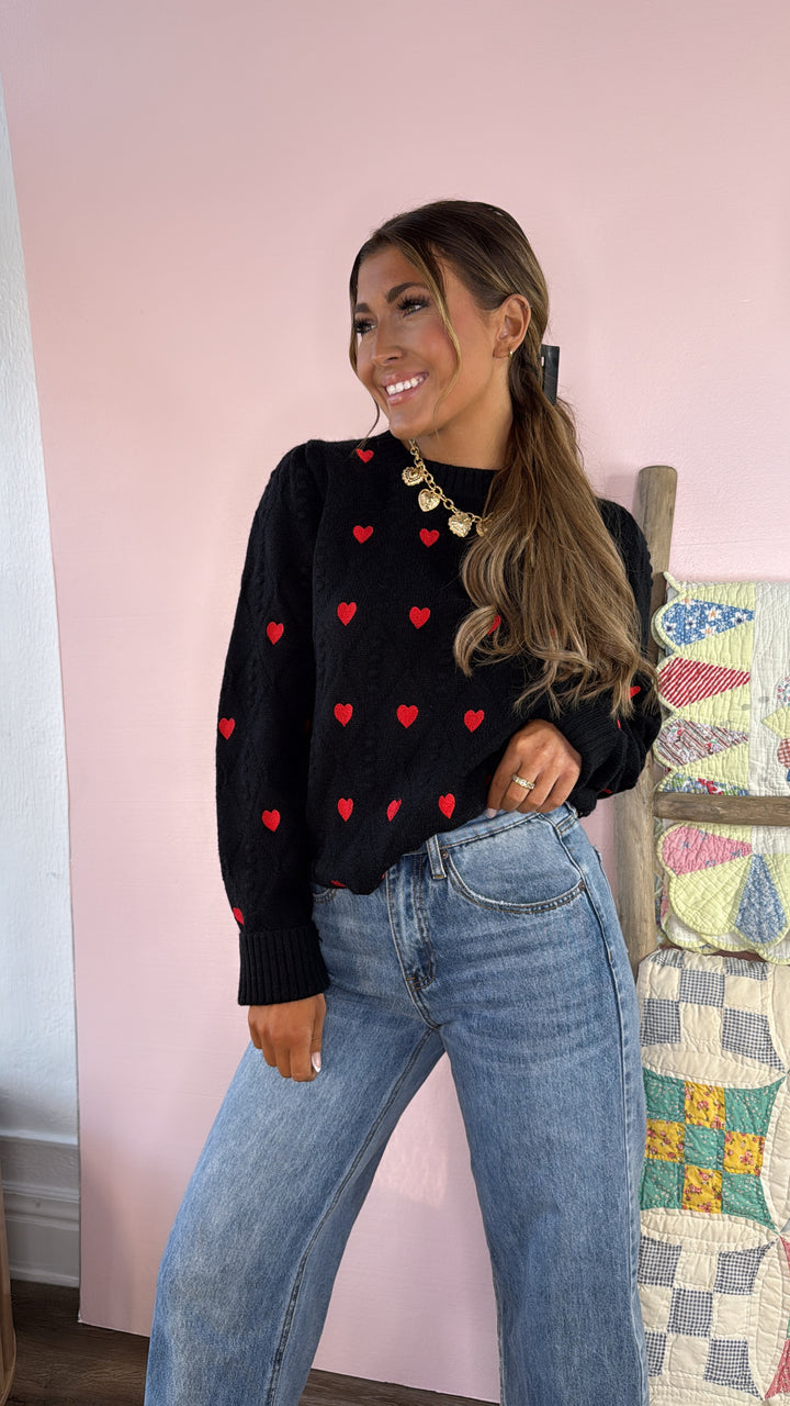 XOXO Heart Embroidered Pom Detailed Sweater, Black/Red